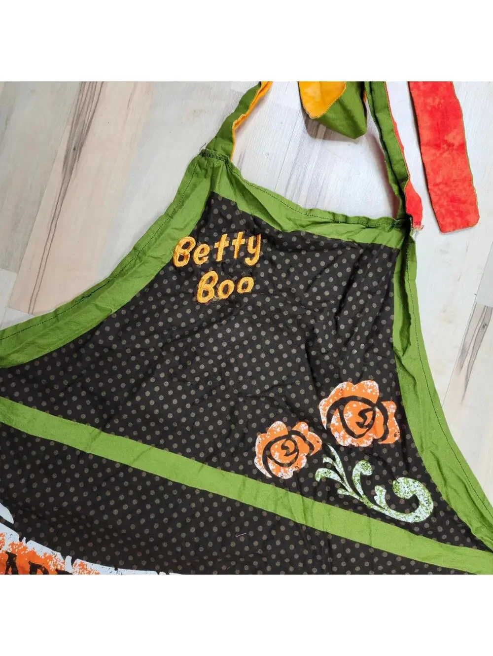 Betty Boo Happy Halloween Skull Apron with Orange Pom Pom Trim